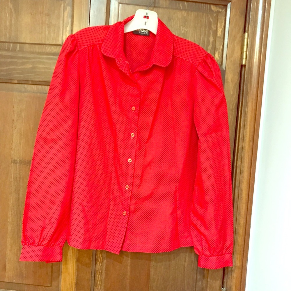 Vintage red button down blouse 80’s 70’s polka dot